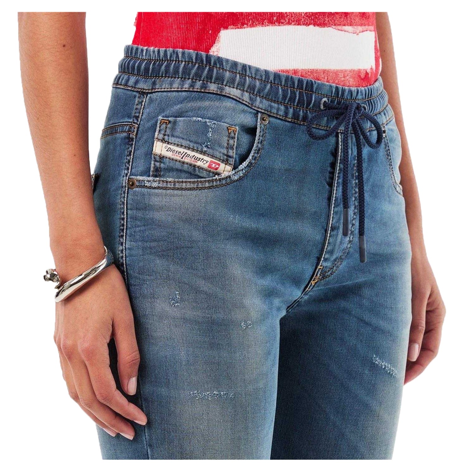 Blue Denim - Side - Diesel Womens-Ladies Krly Logo Elasticated Waist Wide Leg Jeans