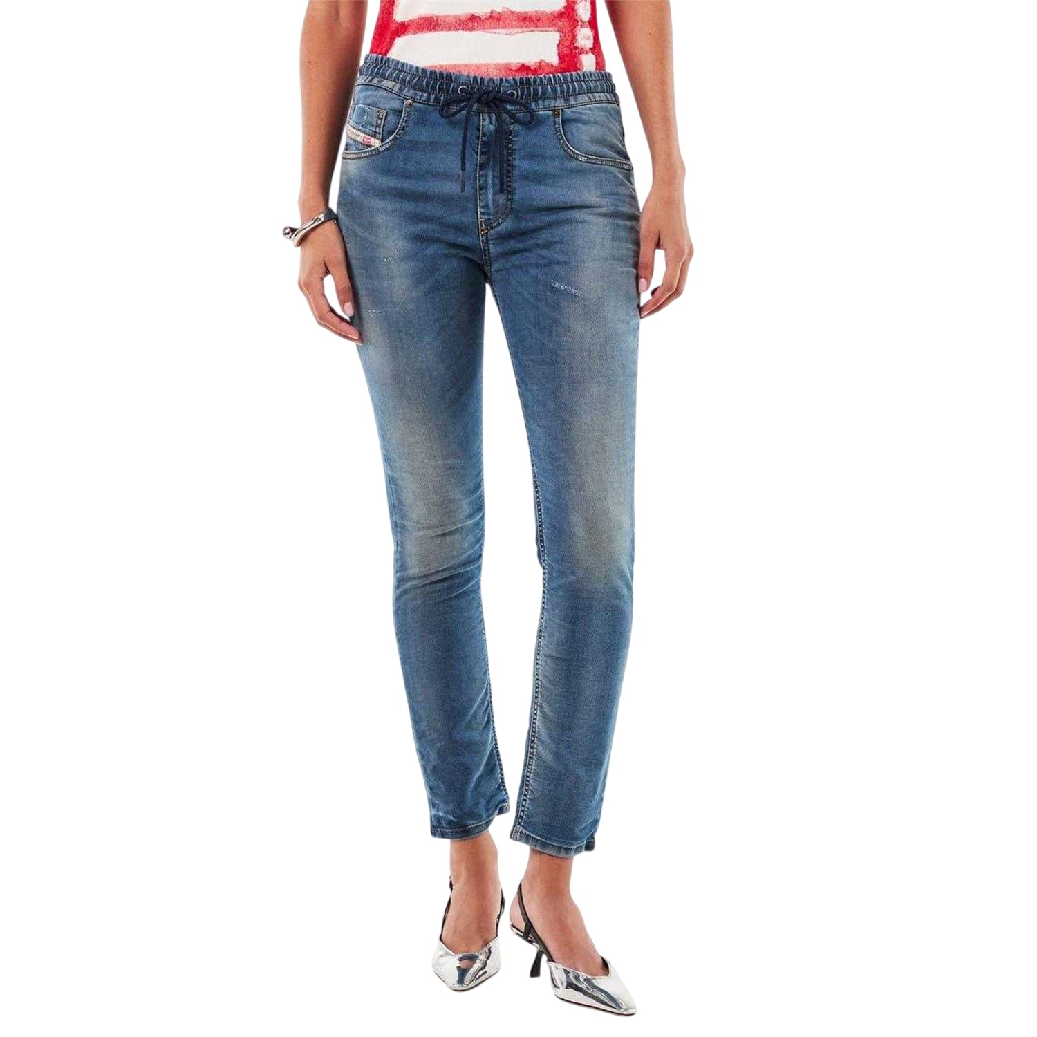 Blue Denim - Lifestyle - Diesel Womens-Ladies Krly Logo Elasticated Waist Wide Leg Jeans