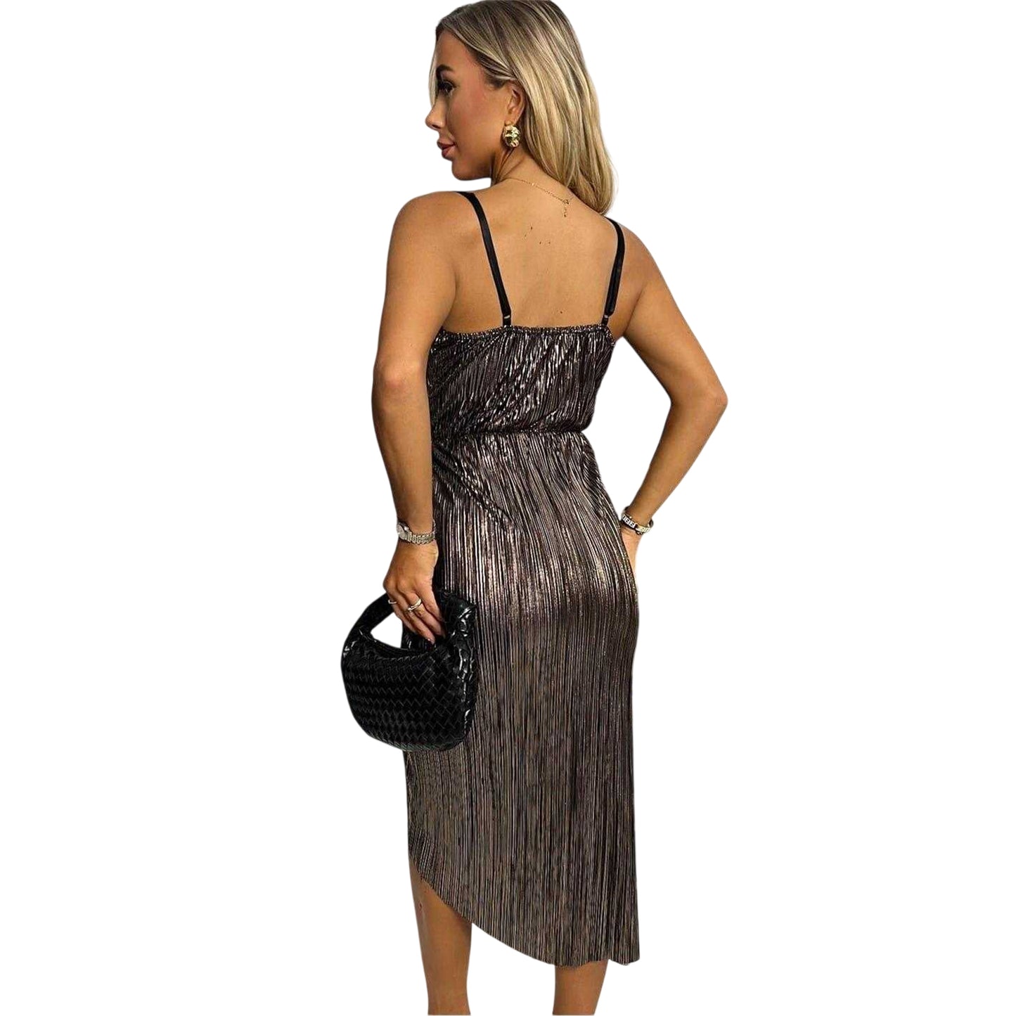 Bronze - Back - AX Paris Womens-Ladies Strappy Plisse Cowl Neck Midi Dress