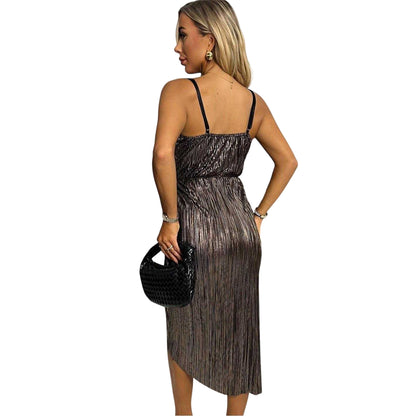 Bronze - Back - AX Paris Womens-Ladies Strappy Plisse Cowl Neck Midi Dress