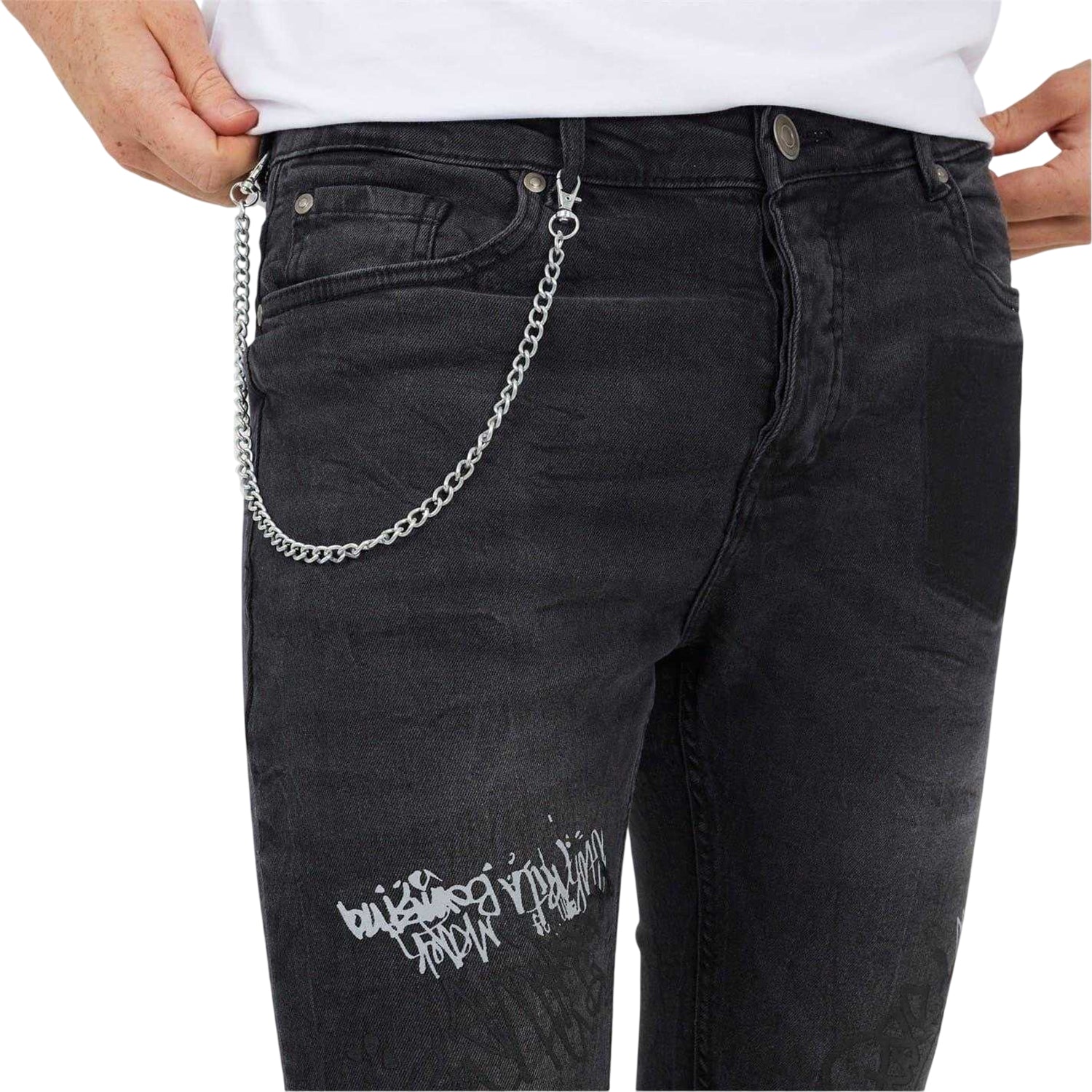 Dark Charcoal - Side - Brave Soul Mens Denim Chain Button Fly Jeans