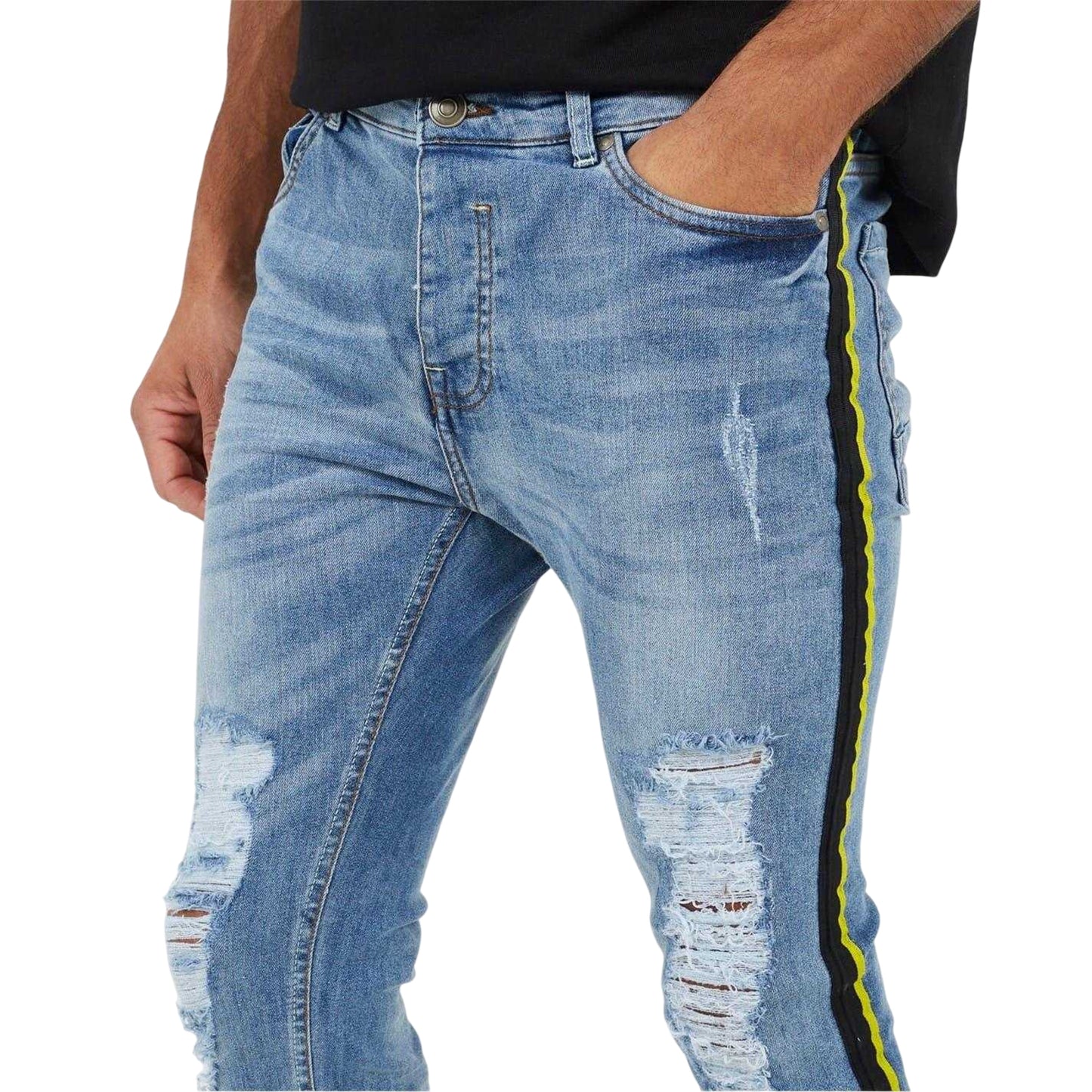 Blue - Side - Brave Soul Mens Denim Distressed Taped Jeans