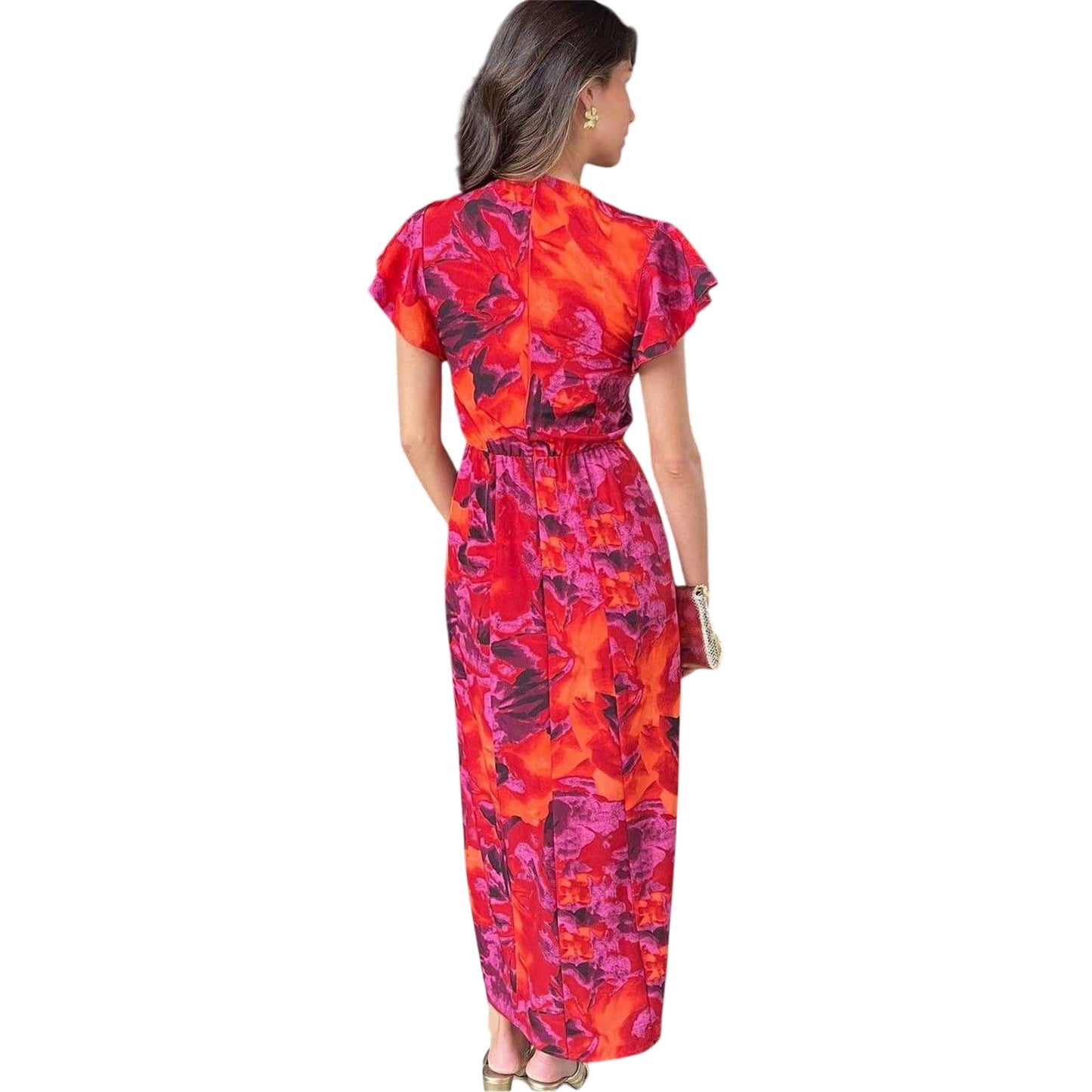 Orange - Back - AX Paris Womens-Ladies Floral Flutter Midi Dress
