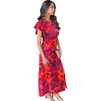 Orange - Side - AX Paris Womens-Ladies Floral Flutter Midi Dress