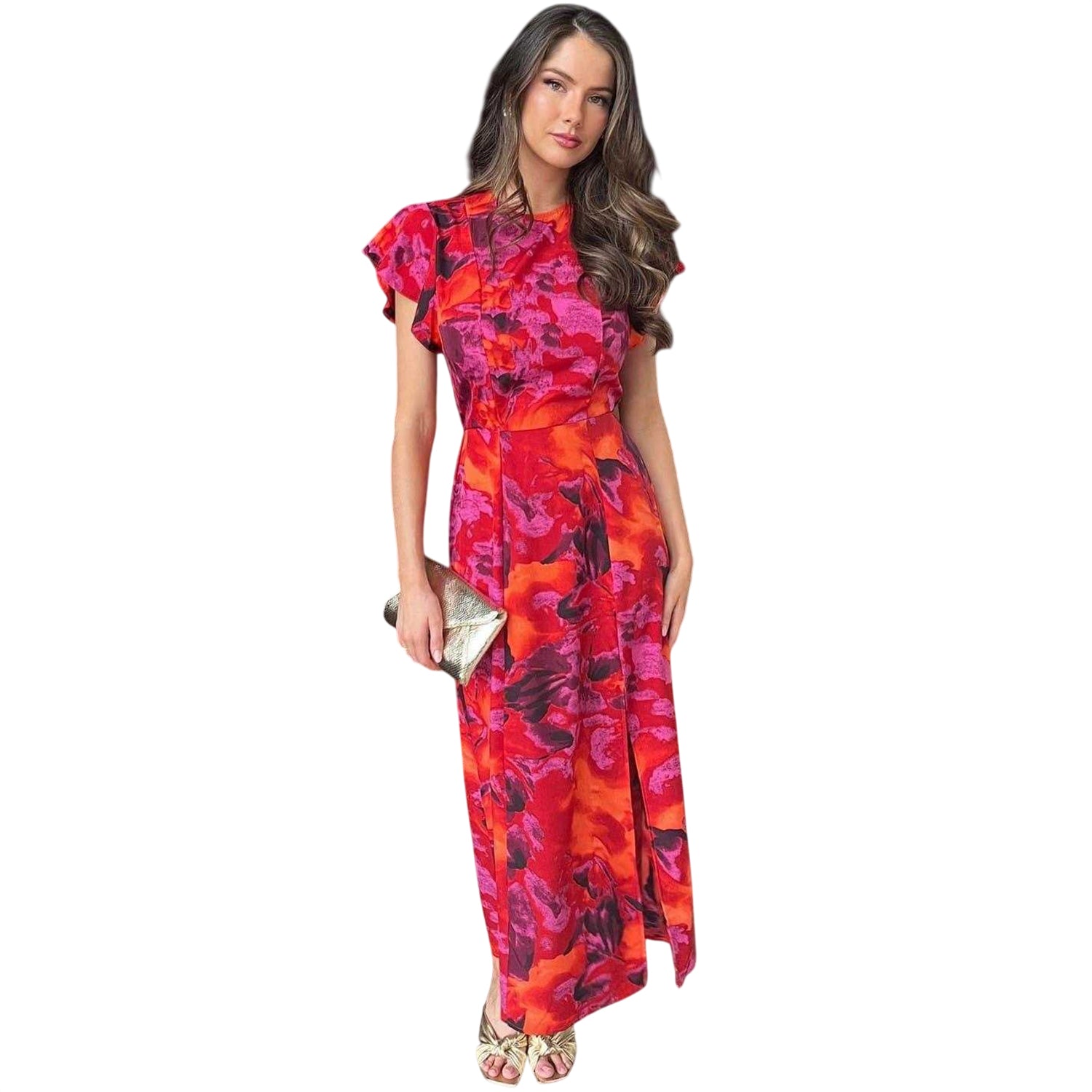 Orange - Front - AX Paris Womens-Ladies Floral Flutter Midi Dress