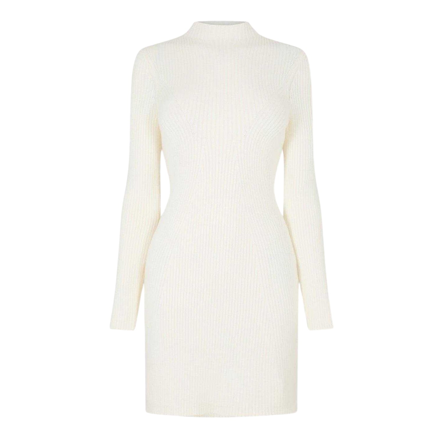 Vintage White - Front - Jack Wills Womens-Ladies Rib Knit Mock Neck Long-Sleeved Midi Dress