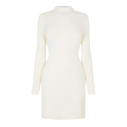 Vintage White - Front - Jack Wills Womens-Ladies Rib Knit Mock Neck Long-Sleeved Midi Dress