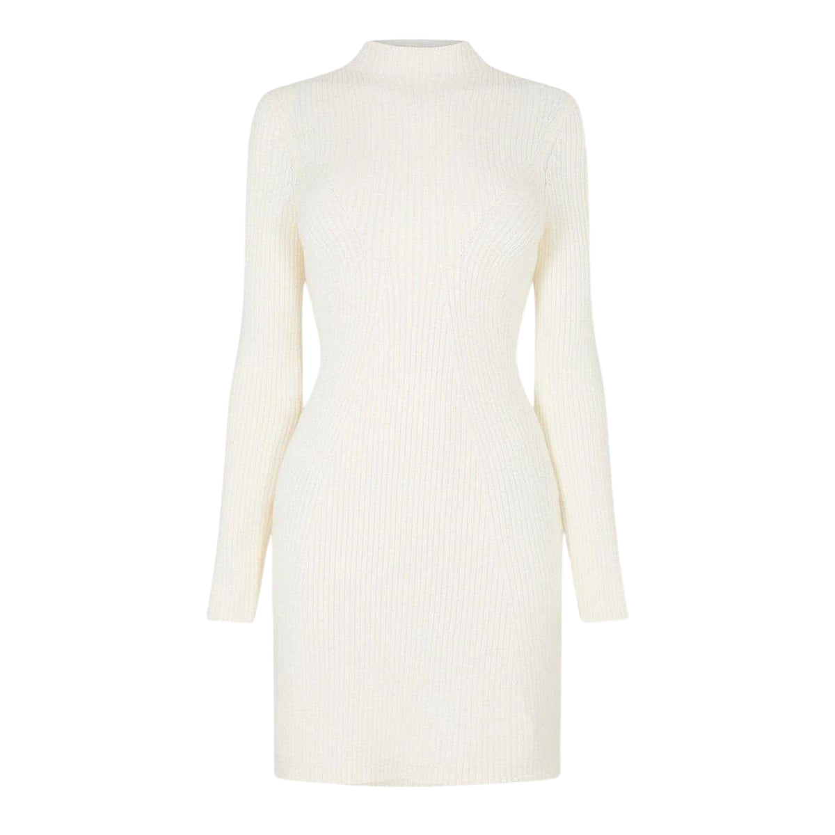 Vintage White - Front - Jack Wills Womens-Ladies Rib Knit Mock Neck Long-Sleeved Midi Dress
