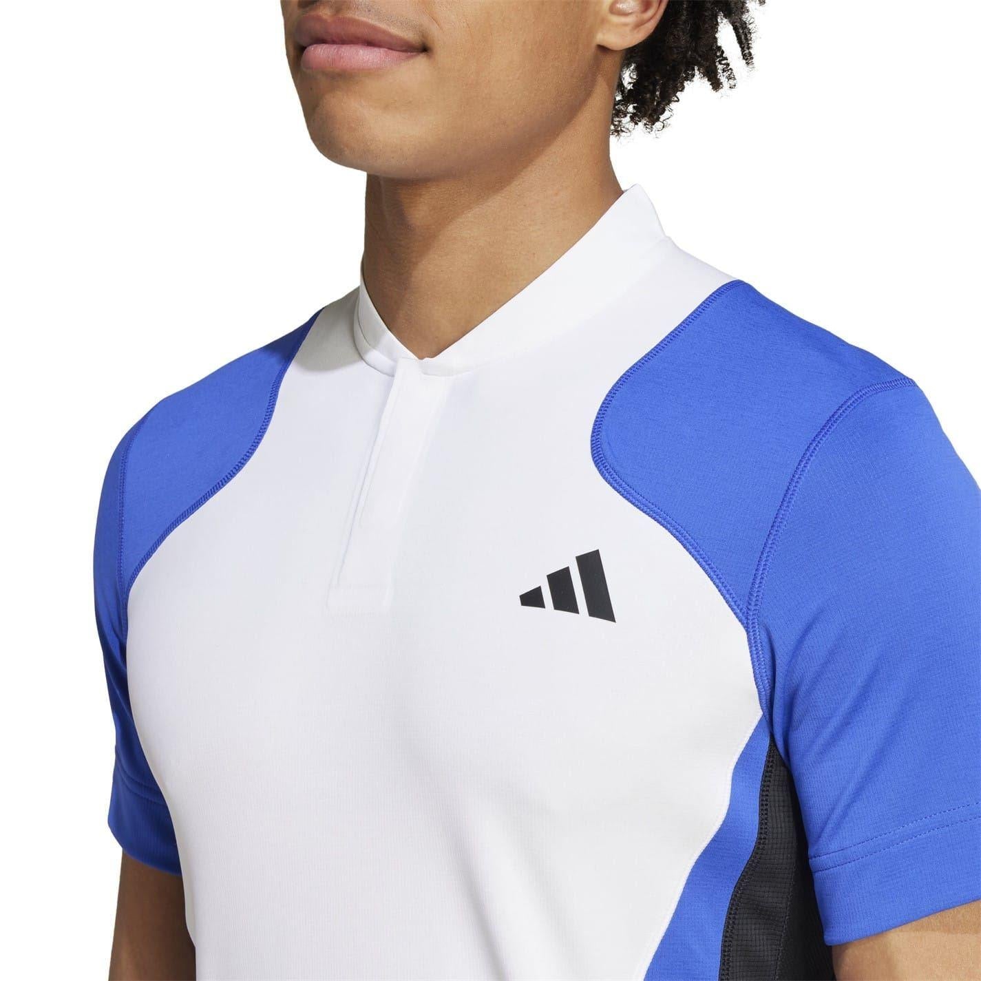 White-Blue-Black - Side - Adidas Mens Pro Heat.Rdy Technology Tennis Polo Shirt