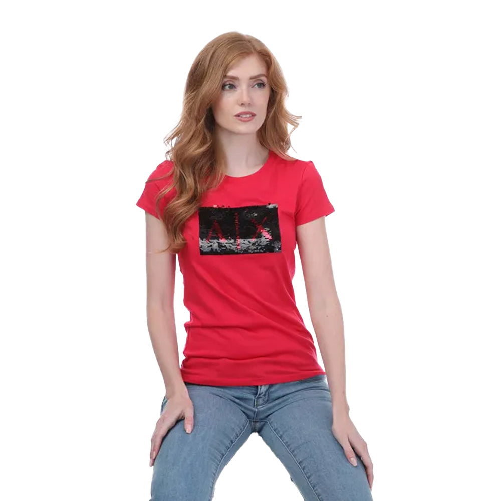 Red - Side - Armani Womens-Ladies Cotton Slim T-Shirt