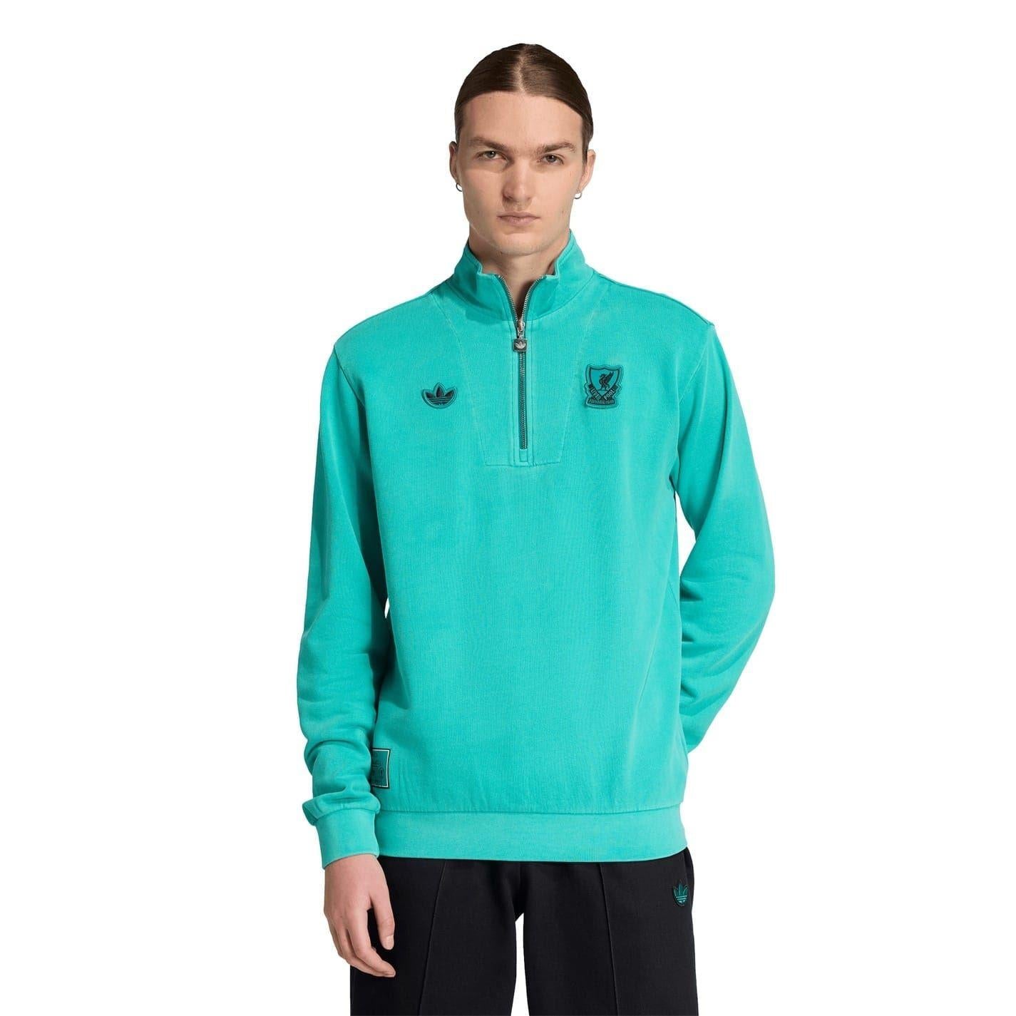 Green - Pack Shot - Adidas Mens Terrace Icons Liverpool FC Half Zip Top