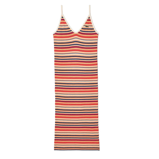 Multicoloured - Front - Lacoste Womens-Ladies Striped Cotton Blend Long Maxi Dress
