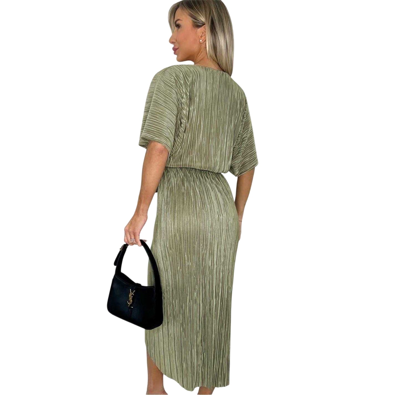 Light Khaki - Back - AX Paris Womens-Ladies Plisse Tie Belt Short-Sleeved Midi Dress