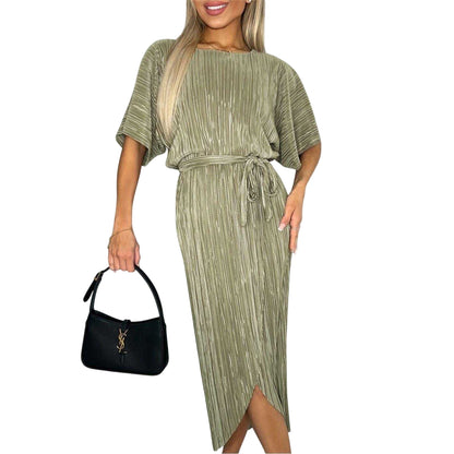 Light Khaki - Side - AX Paris Womens-Ladies Plisse Tie Belt Short-Sleeved Midi Dress