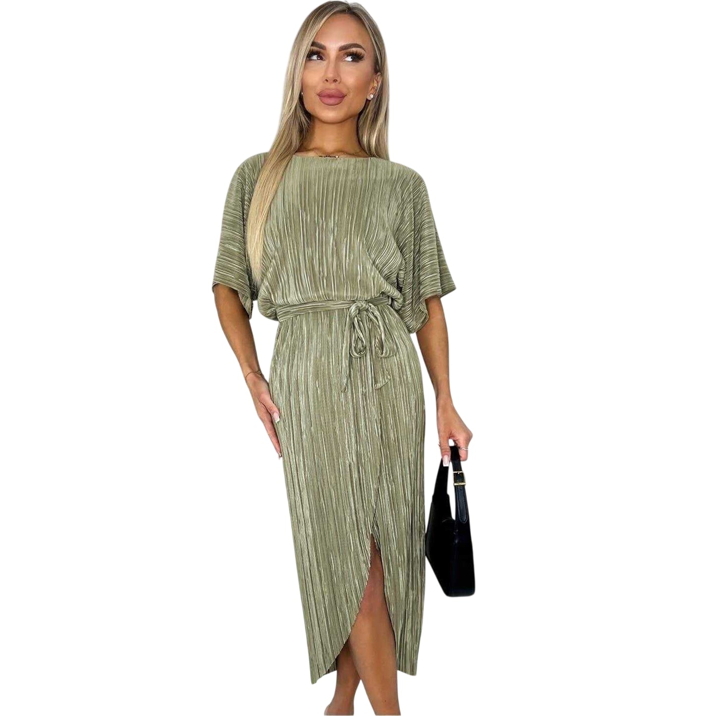 Light Khaki - Front - AX Paris Womens-Ladies Plisse Tie Belt Short-Sleeved Midi Dress