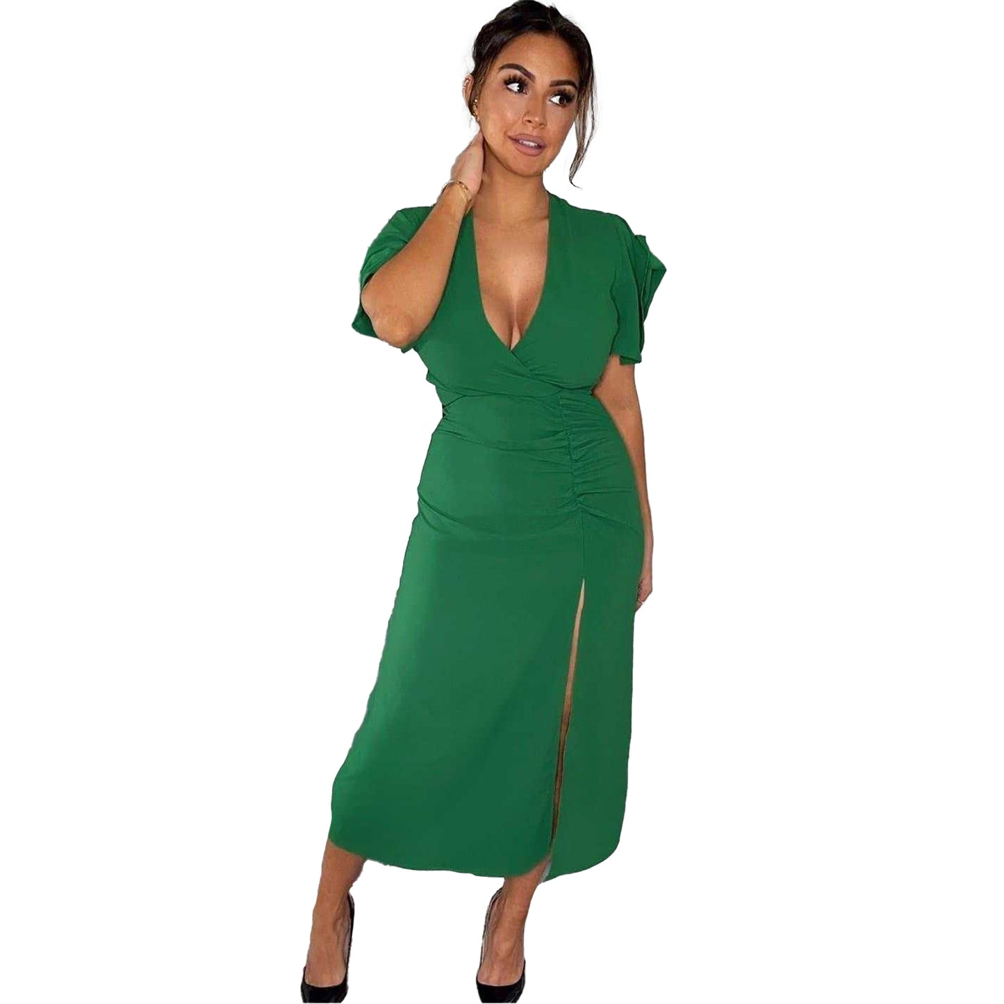 Green - Side - AX Paris Womens-Ladies Ruched Split Hem Midi Dress