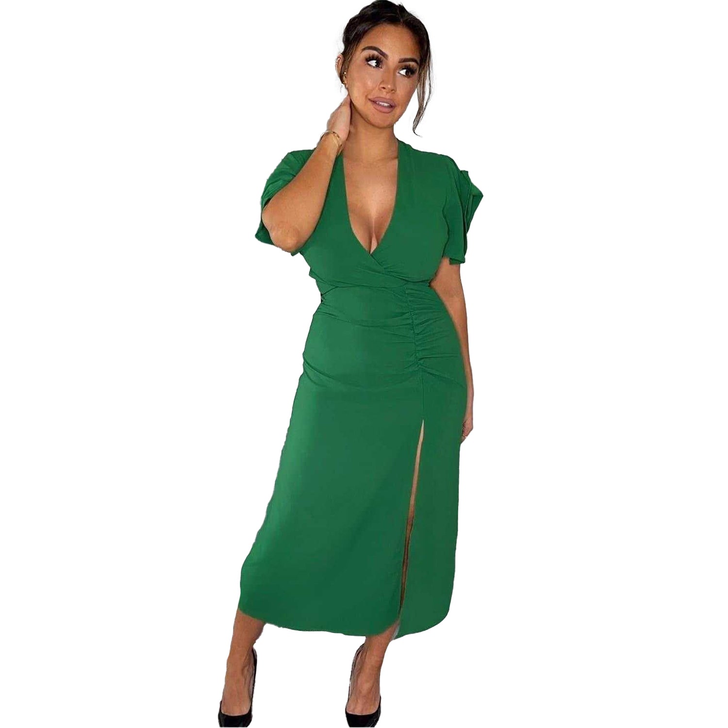 Green - Side - AX Paris Womens-Ladies Ruched Split Hem Midi Dress