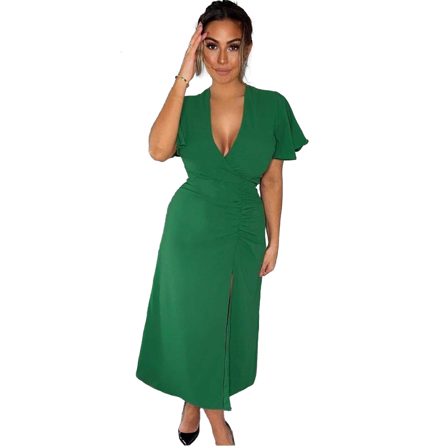 Green - Lifestyle - AX Paris Womens-Ladies Ruched Split Hem Midi Dress
