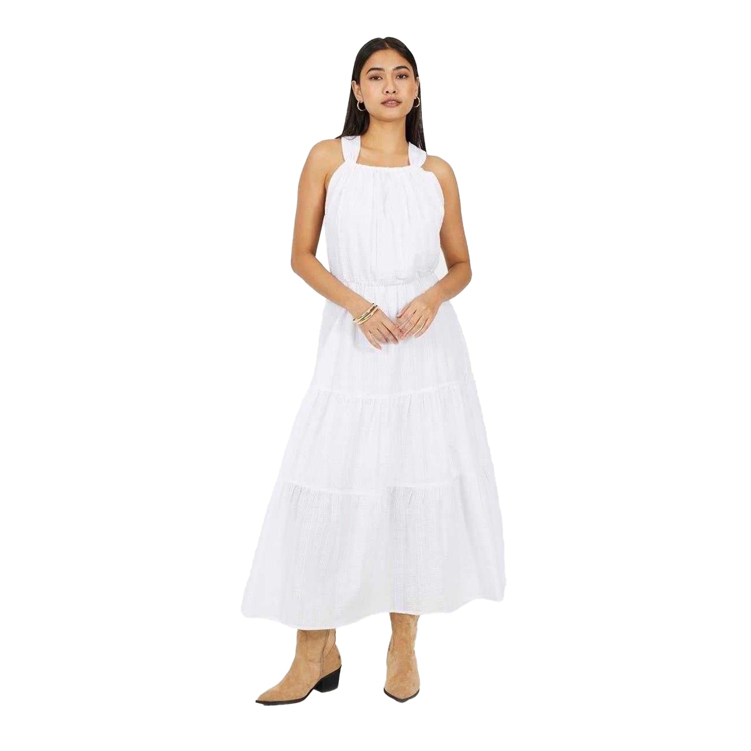 White - Lifestyle - Brave Soul Womens-Ladies Tiered Halter Neck Sleeveless Midi Dress