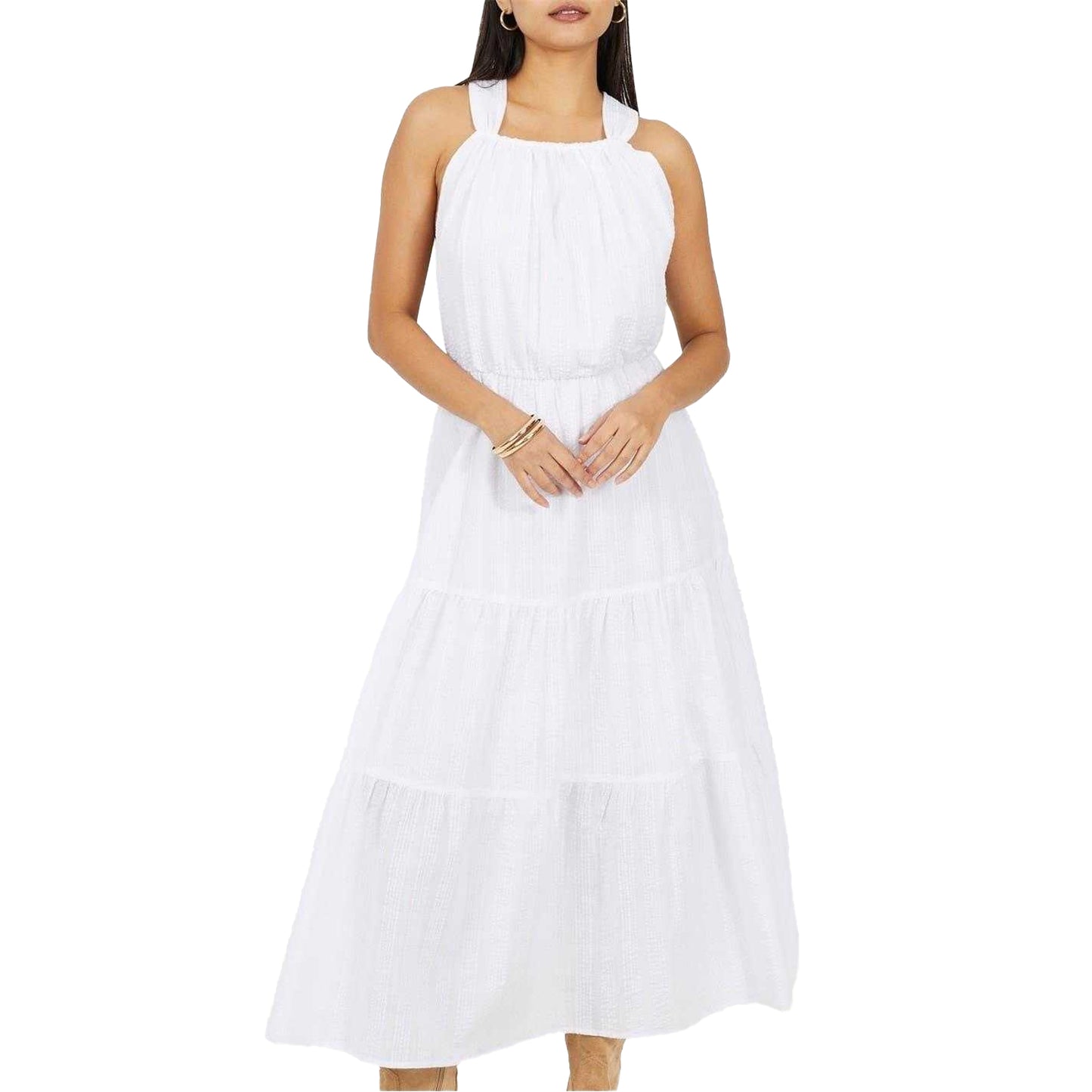 White - Front - Brave Soul Womens-Ladies Tiered Halter Neck Sleeveless Midi Dress