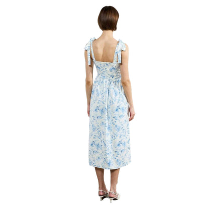 Cream-Blue - Back - French Connection Womens-Ladies Serenity Square Neck Sleeveless Midi Dress
