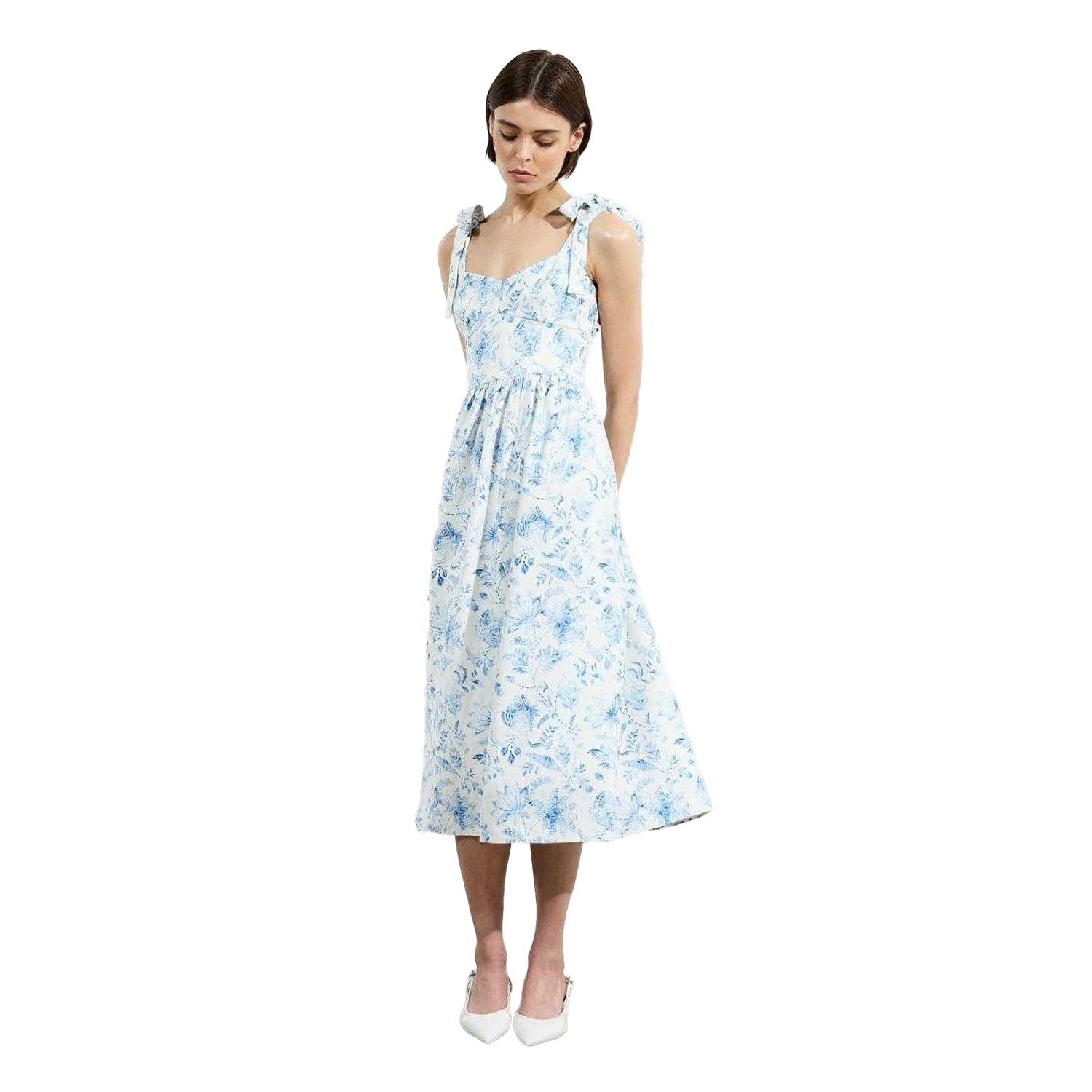 Cream-Blue - Lifestyle - French Connection Womens-Ladies Serenity Square Neck Sleeveless Midi Dress