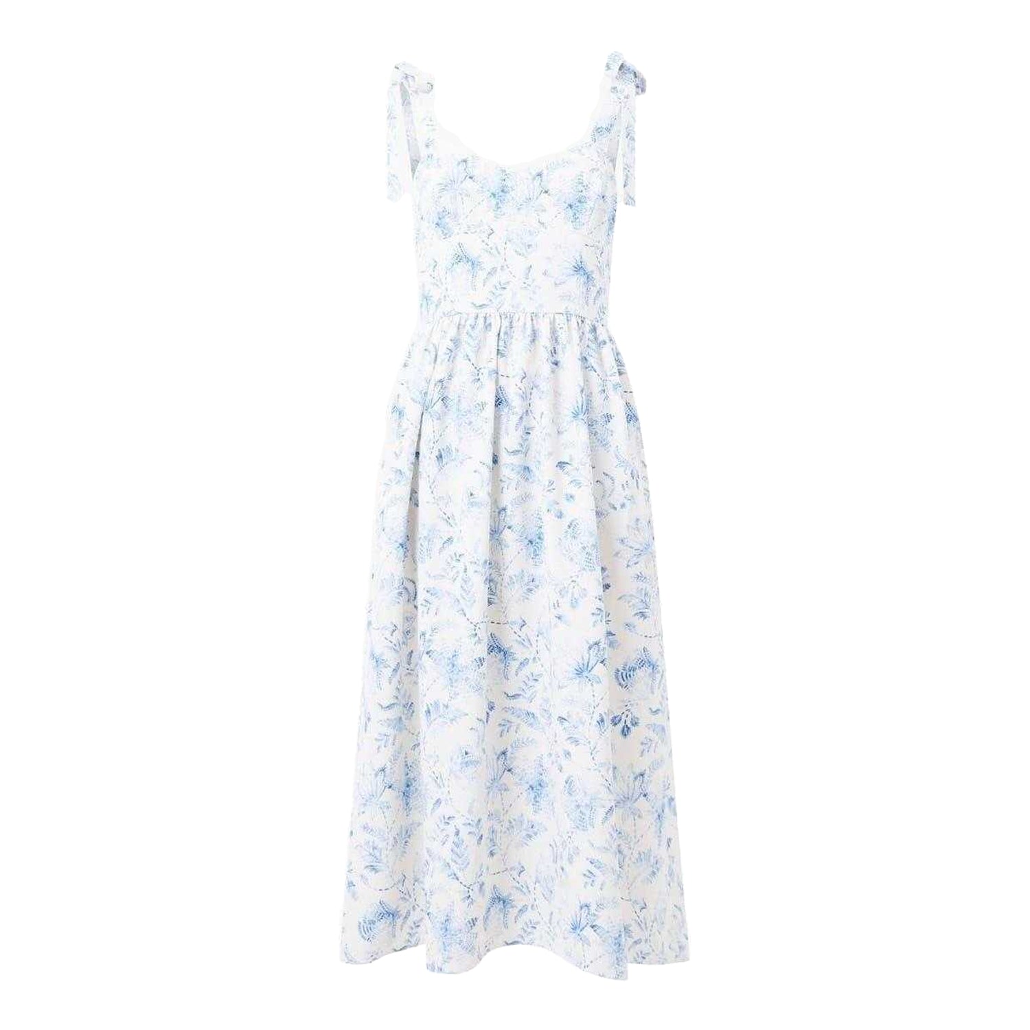 Cream-Blue - Front - French Connection Womens-Ladies Serenity Square Neck Sleeveless Midi Dress
