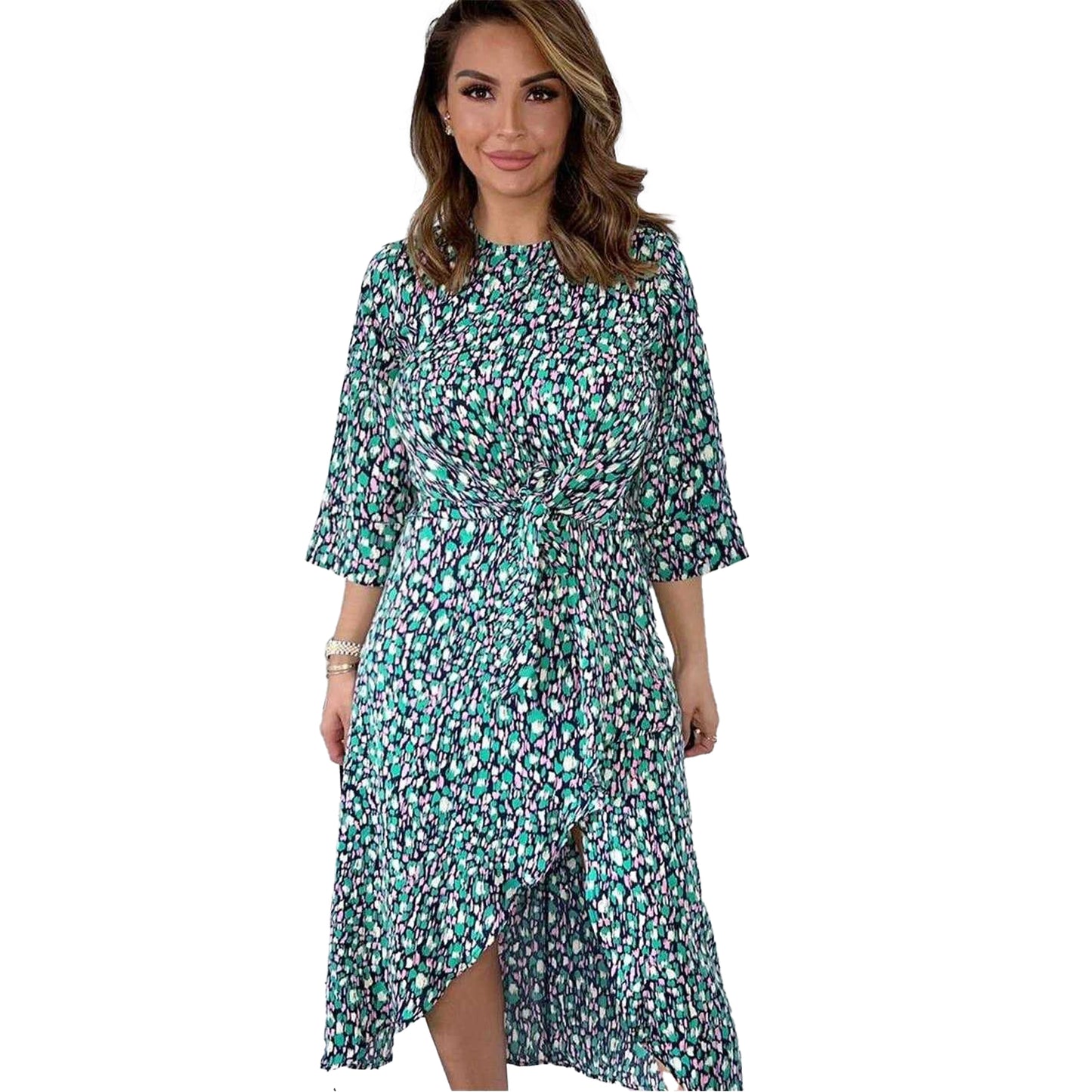 Green-Pink Print - Side - AX Paris Womens-Ladies Abstract Front Tie Wrap Dress