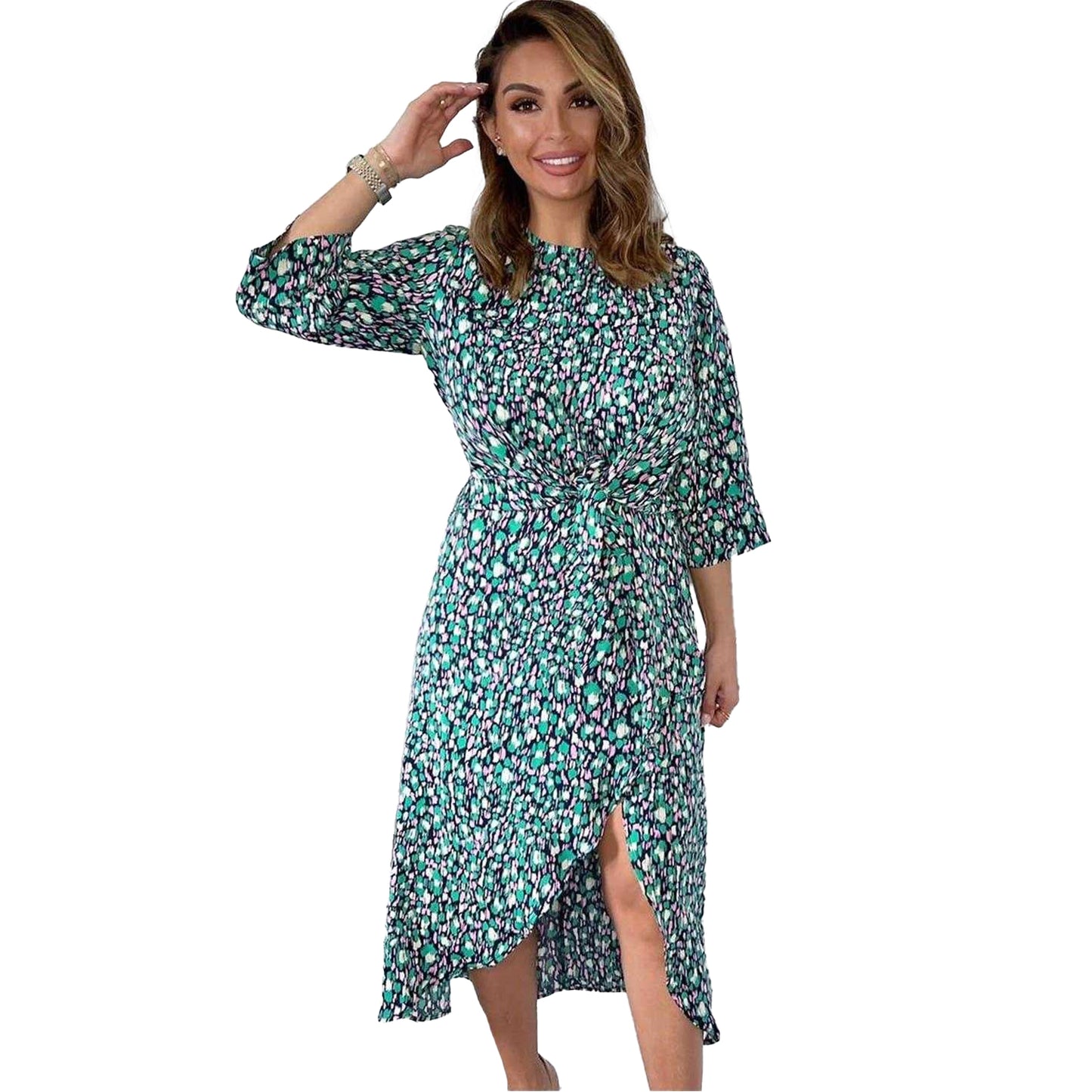Green-Pink Print - Lifestyle - AX Paris Womens-Ladies Abstract Front Tie Wrap Dress