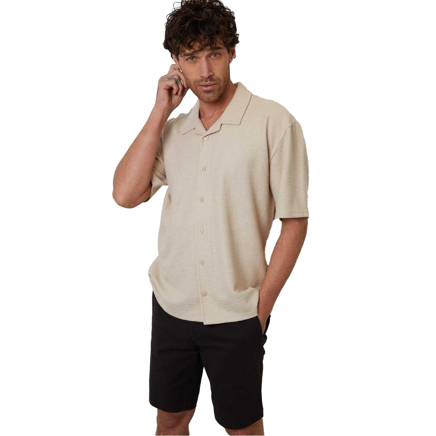 Stone - Front - Threadbare Mens Antti Relaxed Fit Short-Sleeved Shirt