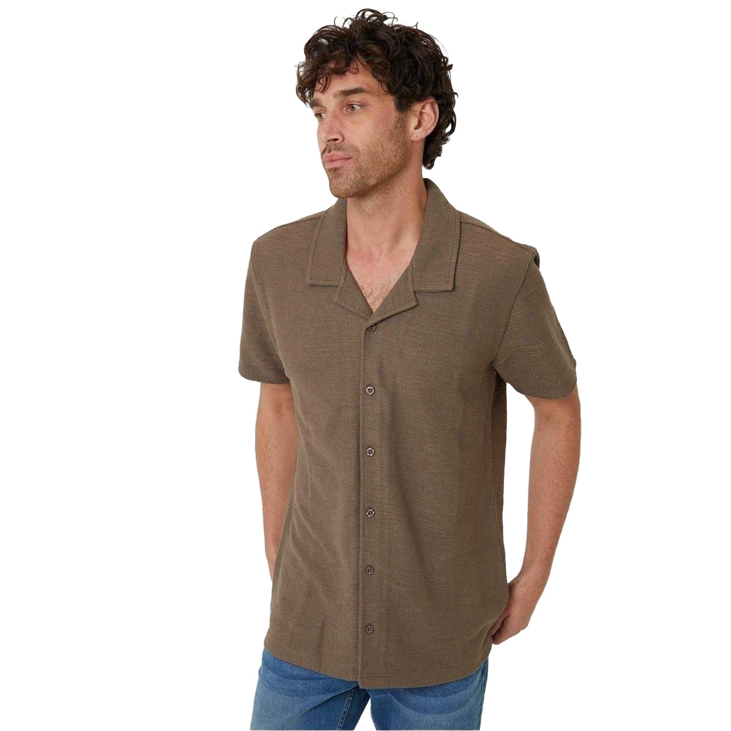 Khaki - Front - Threadbare Mens Antti Relaxed Fit Short-Sleeved Shirt