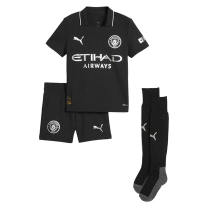 Black - Front - Manchester City FC Childrens-Kids 25-26 Puma Away Kit Set