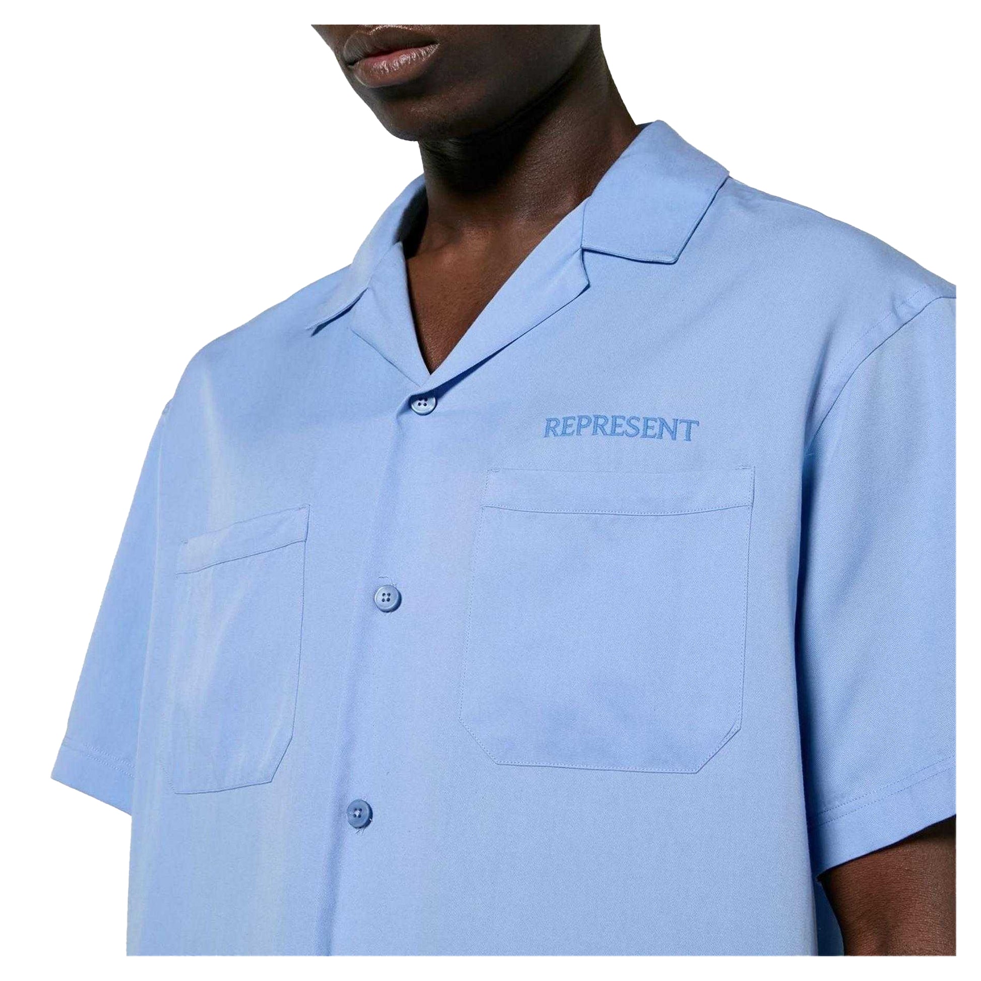 Blue - Side - Represent Mens Lyocell Pocket Short-Sleeved Bowling Shirt