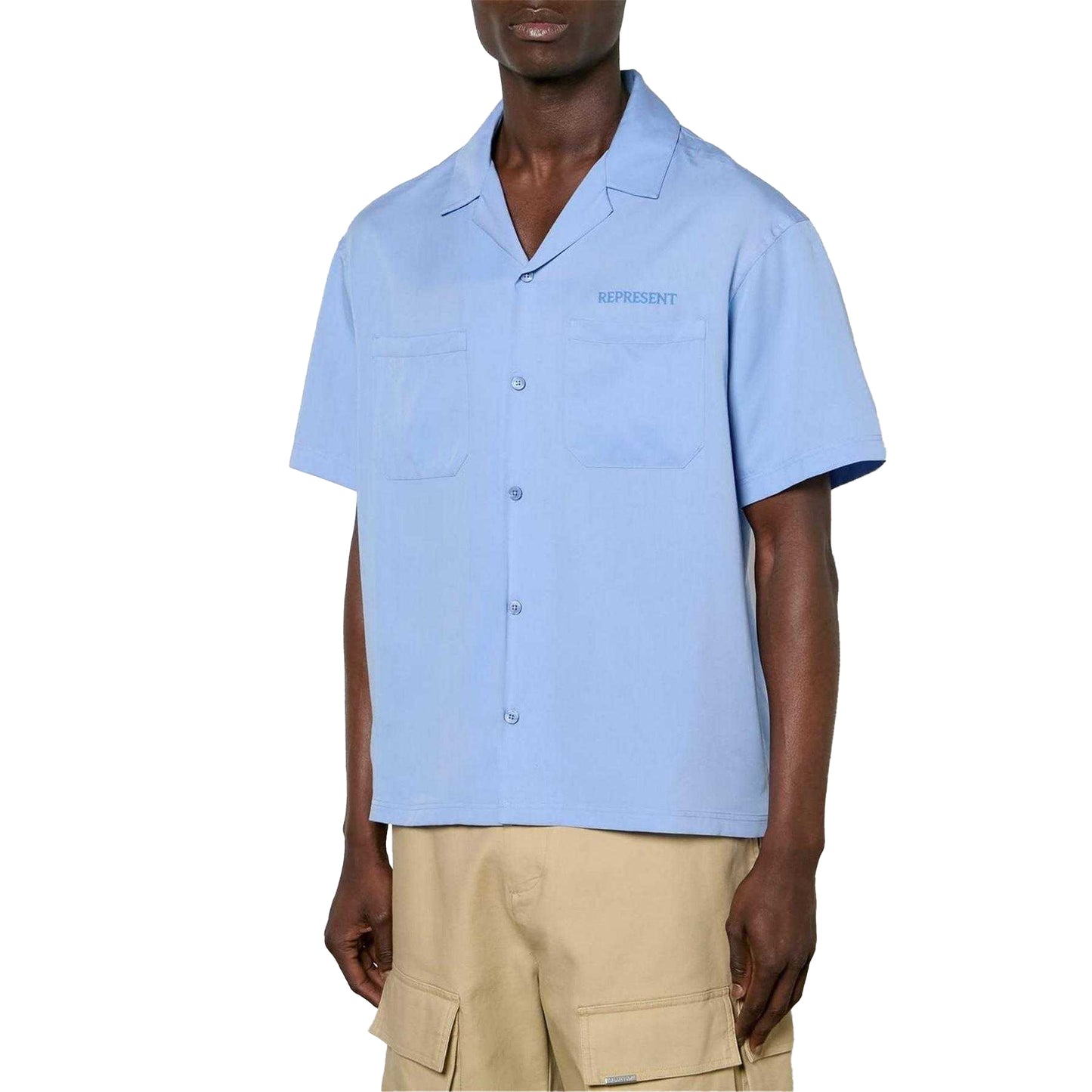 Blue - Front - Represent Mens Lyocell Pocket Short-Sleeved Bowling Shirt