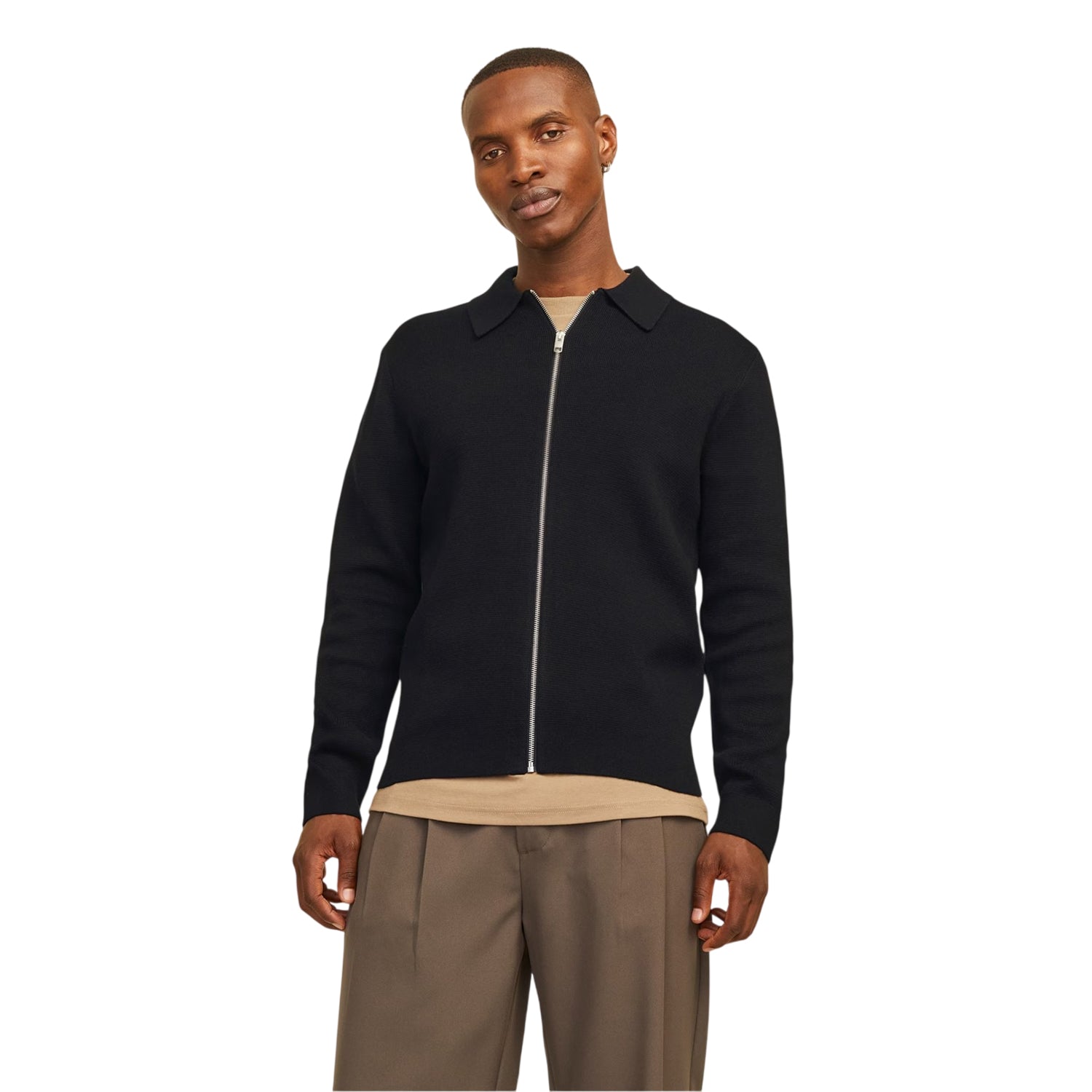 Black - Side - Jack And Jones Mens Knitted Collared Long-Sleeved Jacket