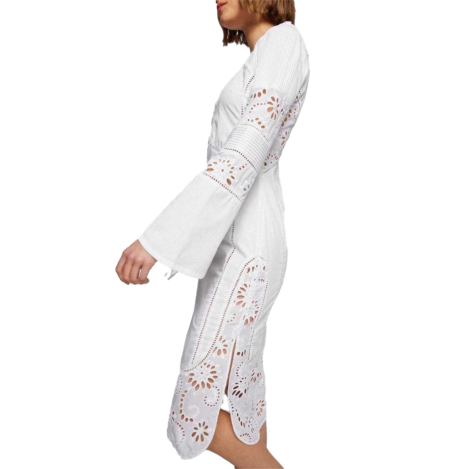 White - Side - Boss Womens-Ladies Broderie Cotton Midi Dress