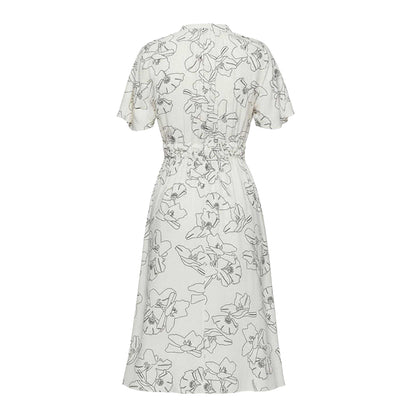 Cream-Black - Back - Boss Womens-Ladies Dalluah Floral V Neck Dress