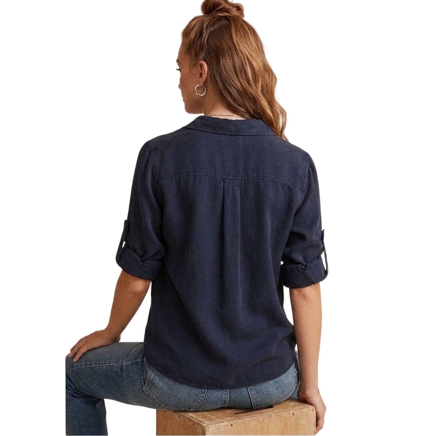 Deep Sea - Back - Bella Dahl Womens-Ladies Back Slit Relaxed Fit 3-4 Sleeve Shirt
