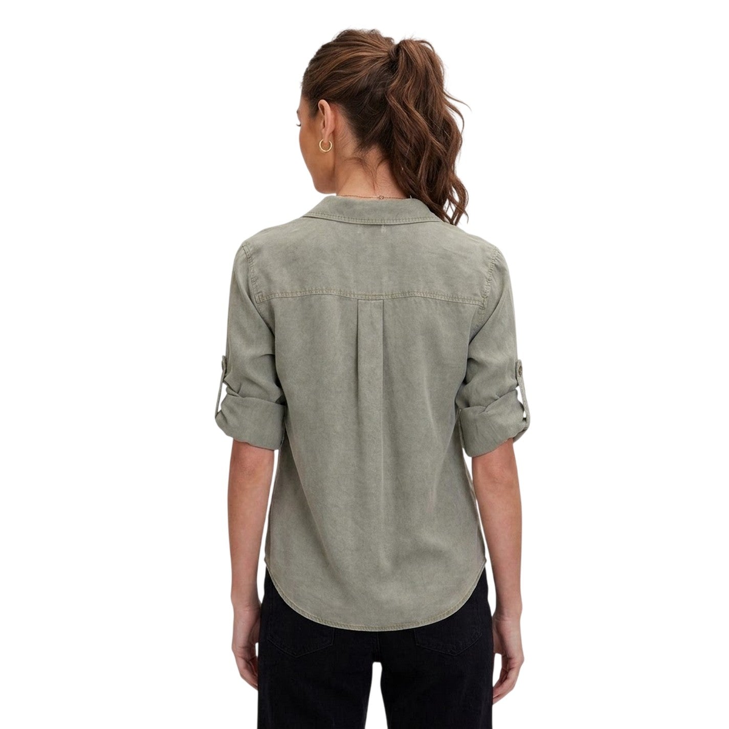 Army Green - Back - Bella Dahl Womens-Ladies Back Slit Relaxed Fit 3-4 Sleeve Shirt