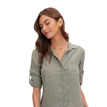 Army Green - Side - Bella Dahl Womens-Ladies Back Slit Relaxed Fit 3-4 Sleeve Shirt
