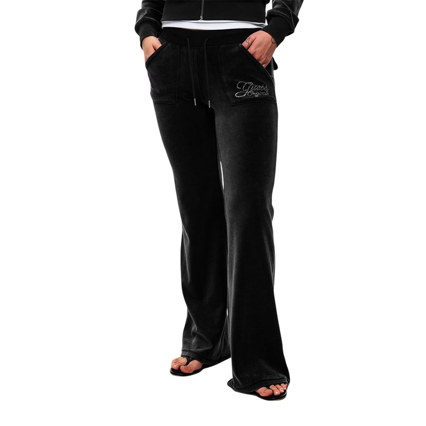 Jet Black - Side - Guess Womens-Ladies Velour Flared Tracksuit Bottoms