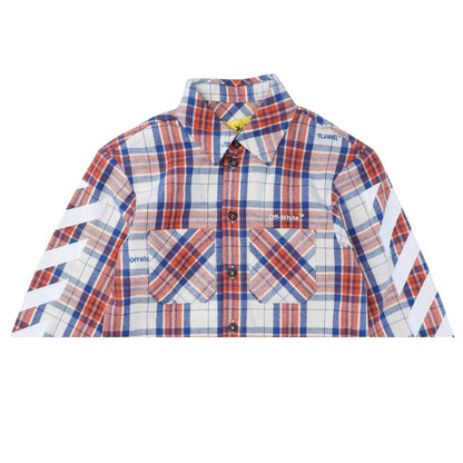 Red-Blue-White - Side - Off White Womens-Ladies Diagonal Stripe Flannel Shirt