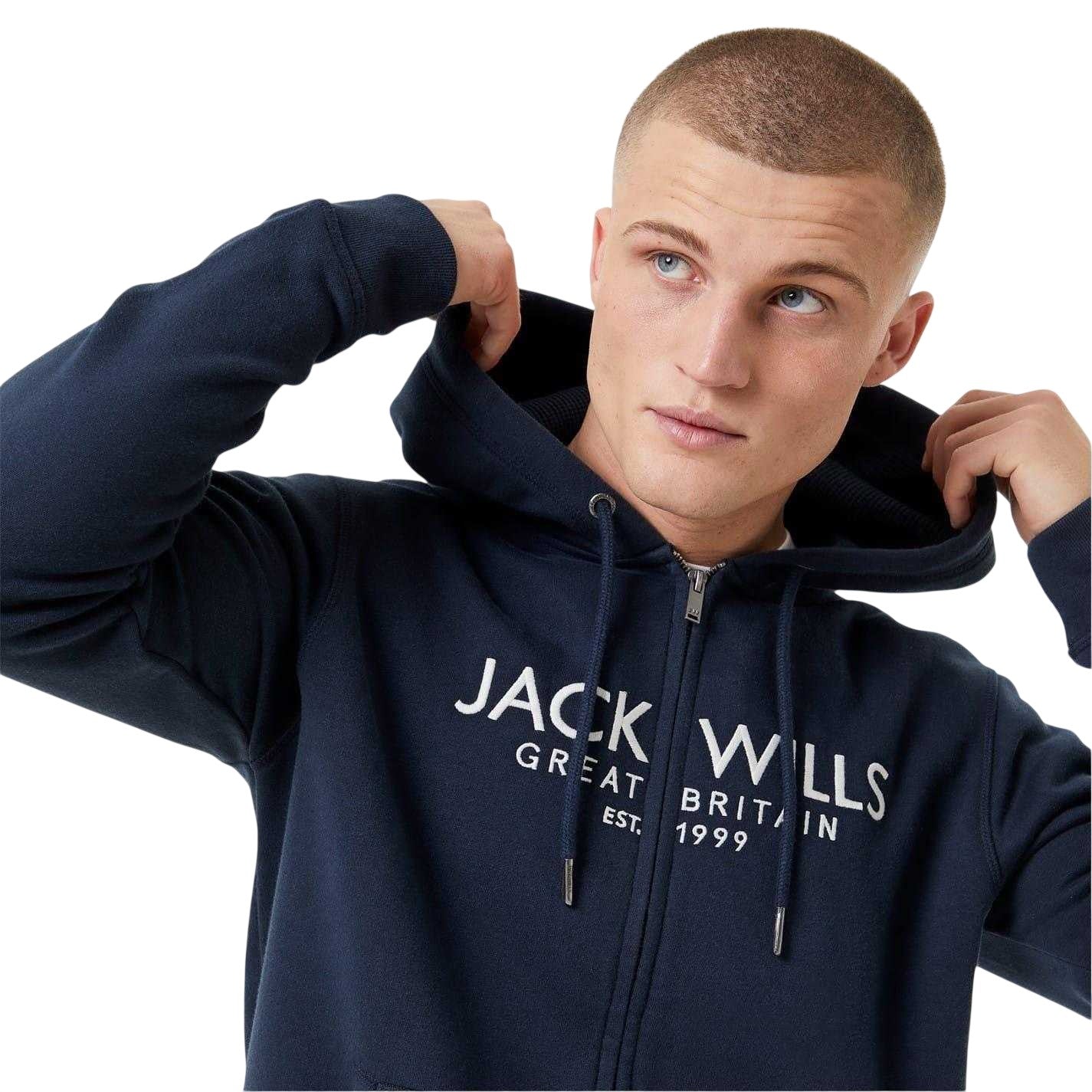 Navy - Side - Jack Wills Mens Pinebrook Graphic Full Zip Hoodie