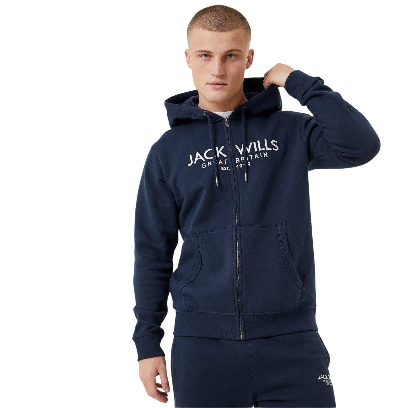 Navy - Front - Jack Wills Mens Pinebrook Graphic Full Zip Hoodie