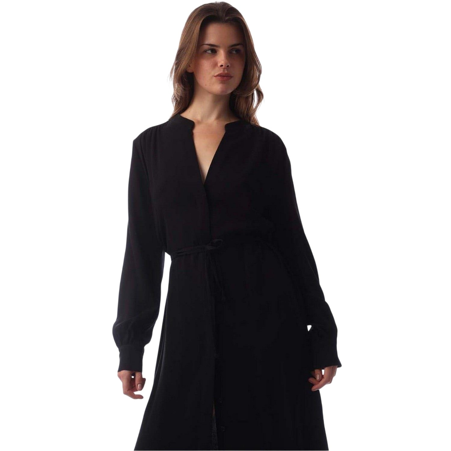 Black - Side - Boss Womens-Ladies Dibanorah Notch Neck Long-Sleeved Midi Shirt Dress