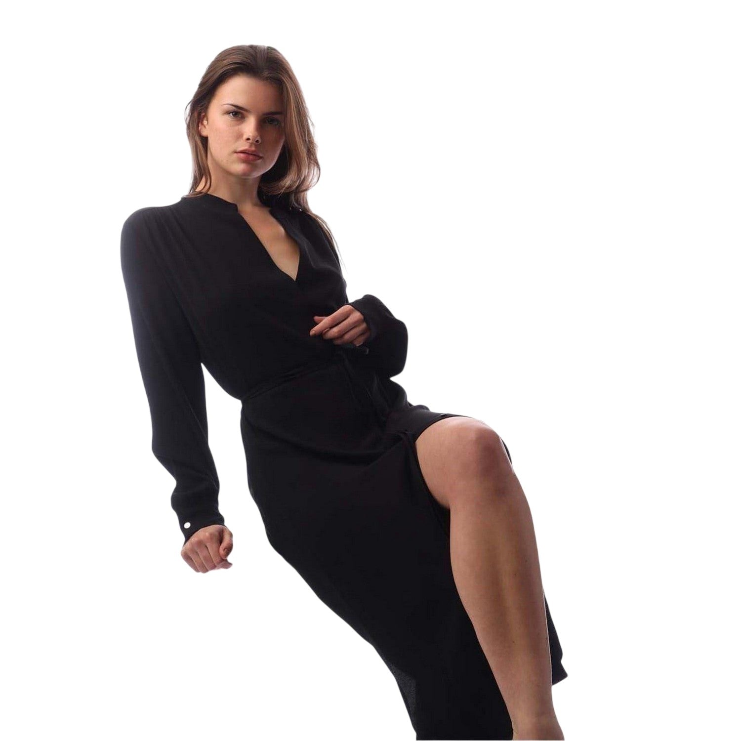 Black - Lifestyle - Boss Womens-Ladies Dibanorah Notch Neck Long-Sleeved Midi Shirt Dress