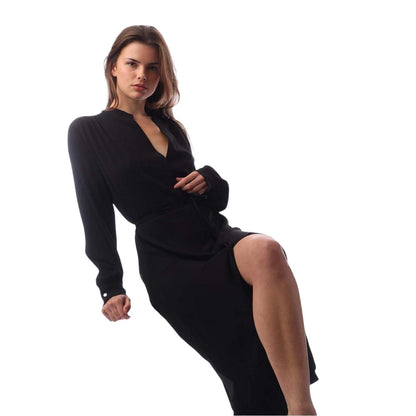 Black - Lifestyle - Boss Womens-Ladies Dibanorah Notch Neck Long-Sleeved Midi Shirt Dress