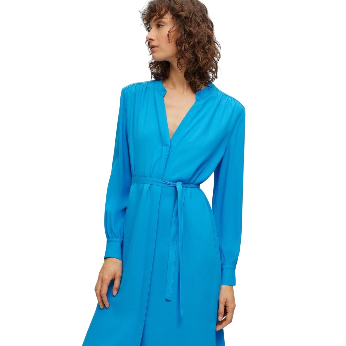 Bright Blue - Side - Boss Womens-Ladies Dibanorah Notch Neck Long-Sleeved Midi Shirt Dress