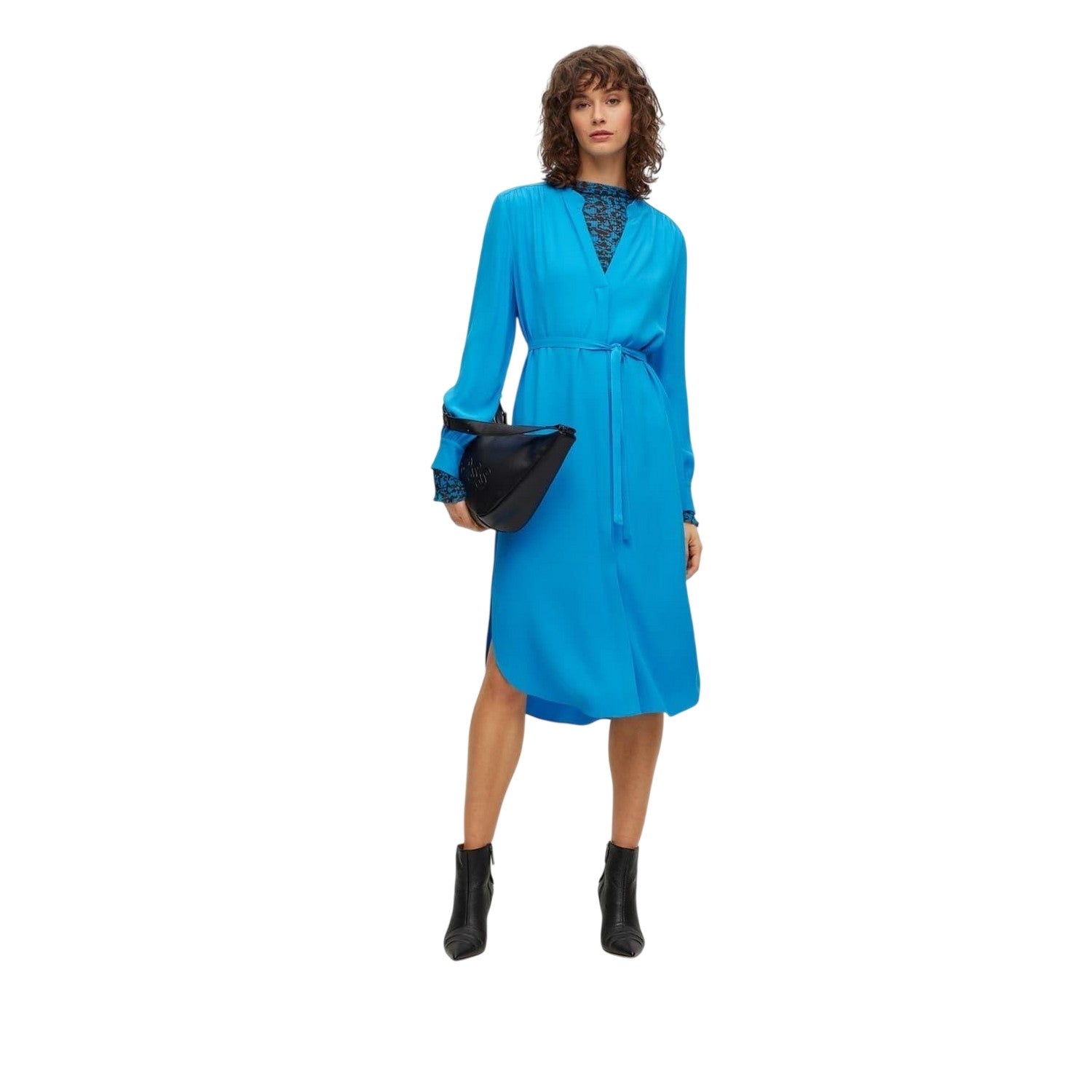 Bright Blue - Lifestyle - Boss Womens-Ladies Dibanorah Notch Neck Long-Sleeved Midi Shirt Dress