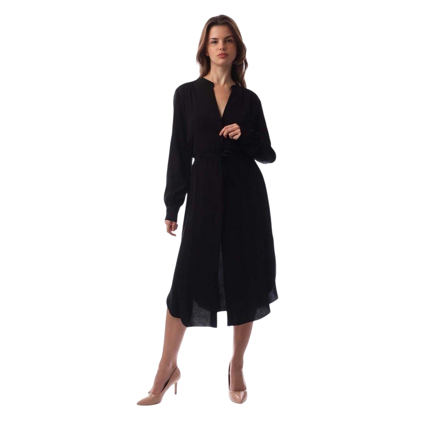 Black - Front - Boss Womens-Ladies Dibanorah Notch Neck Long-Sleeved Midi Shirt Dress